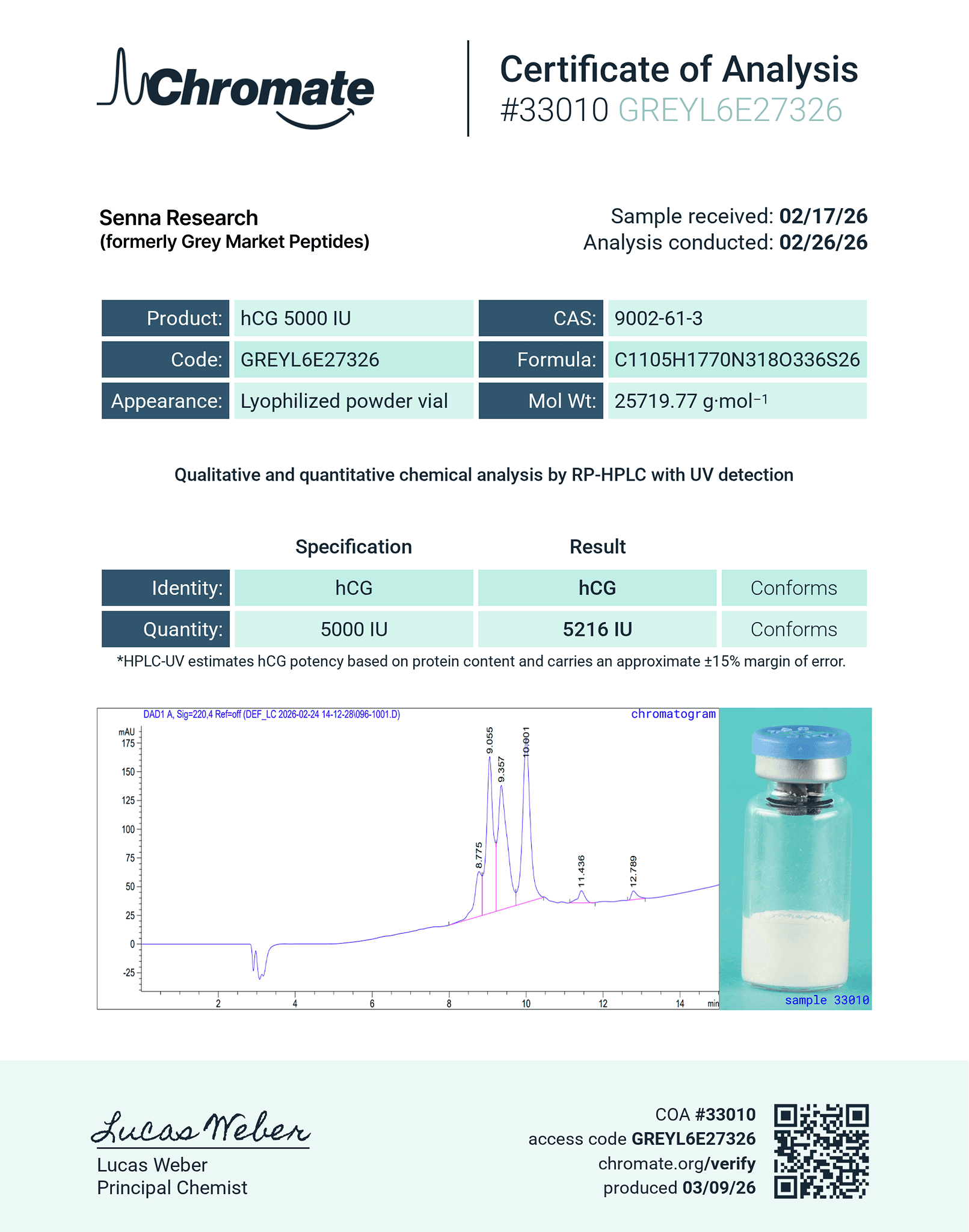 HCG analytical test report, page 2