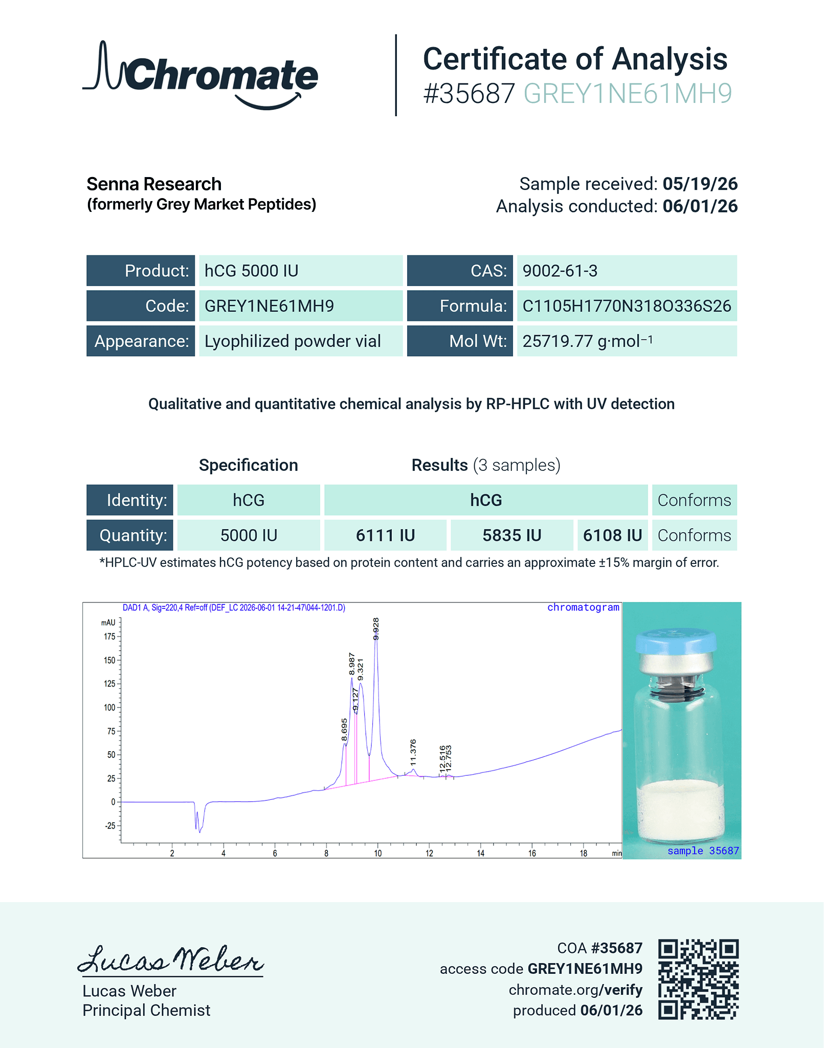 HCG analytical test report, page 1