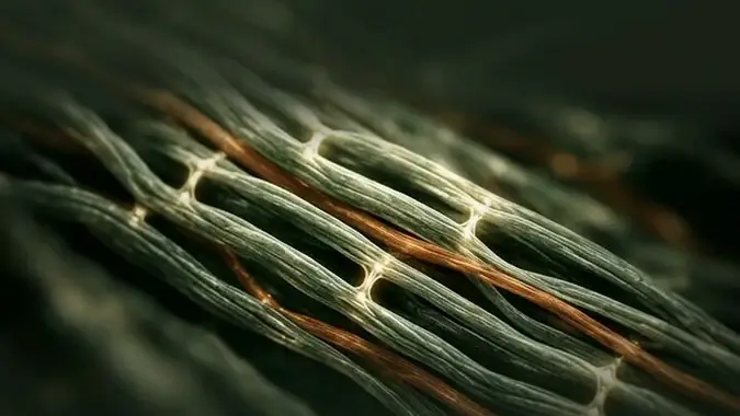 Macro rendering of pale green-grey fibers running diagonally across a dark background, with a thin copper-orange strand alongside them and small bright junctions linking the fibers, shown with shallow depth of field.