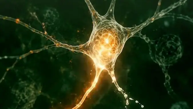 Illustration of a glowing orange neuron with branching dendrites