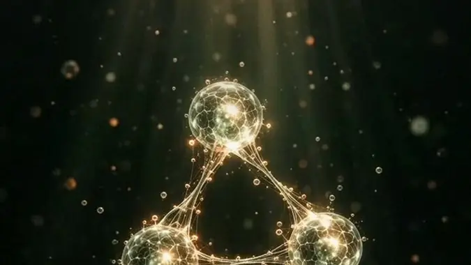 Three glowing, web-patterned spheres joined by thin luminous strands in a triangle, suspended in dark water with faint rays of light and small particles drifting down from the surface.