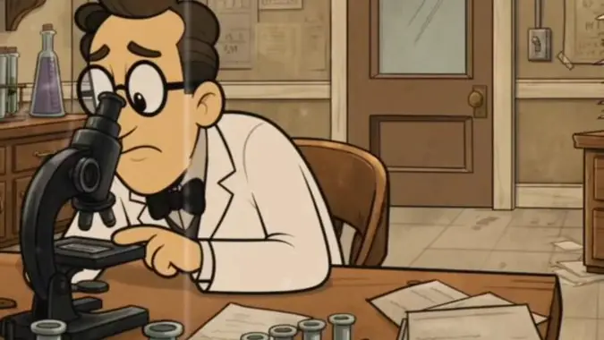 Cartoon of a scientist with glasses looking into a microscope at a cluttered lab bench